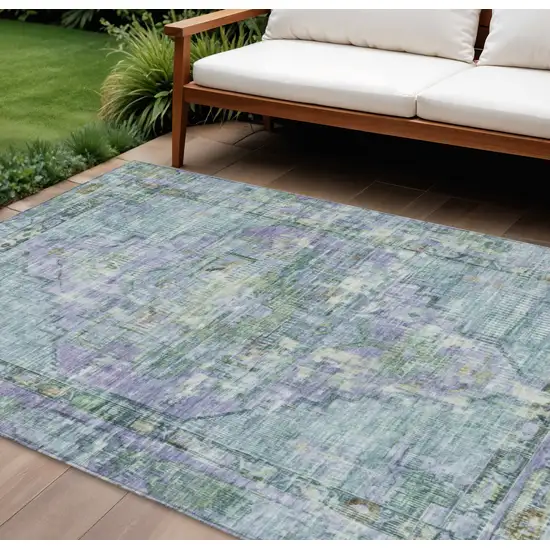 Teal Blue Lavender And Ivory Oriental Washable Indoor Outdoor Area Rug Photo 2