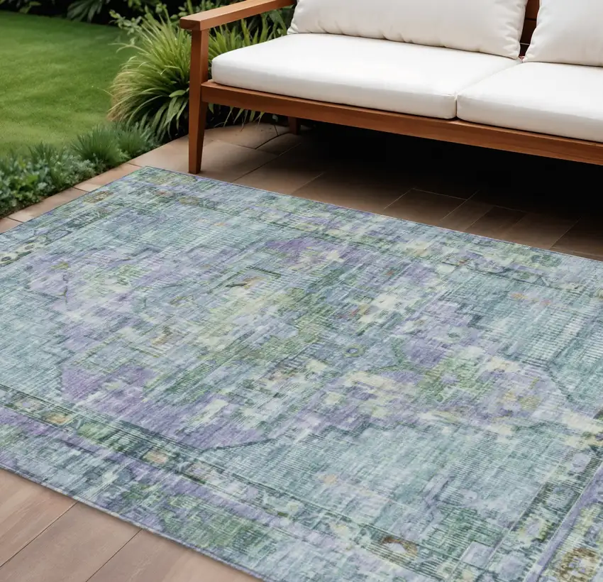 Teal Blue Lavender And Ivory Oriental Washable Indoor Outdoor Area Rug Photo 2