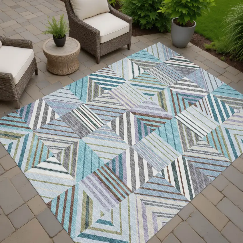 Teal Blue Lavender And Ivory Patchwork Washable Indoor Outdoor Area Rug Photo 5