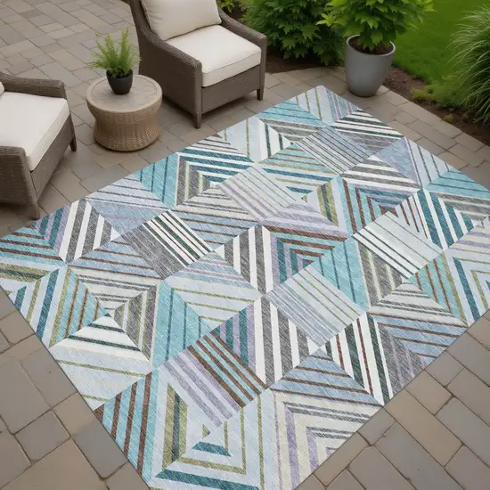 Teal Blue Lavender And Ivory Patchwork Washable Indoor Outdoor Area Rug Photo 5