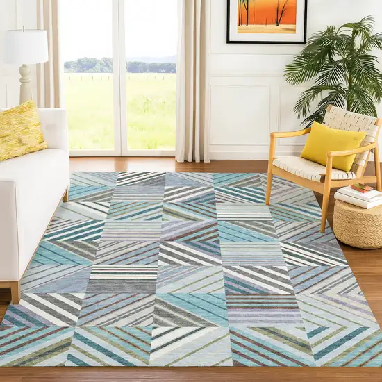 Teal Blue Lavender And Ivory Patchwork Washable Indoor Outdoor Area Rug Photo 3