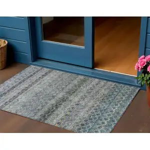 Photo of Teal Blue Light Blue And Gray Striped Washable Indoor Outdoor Area Rug