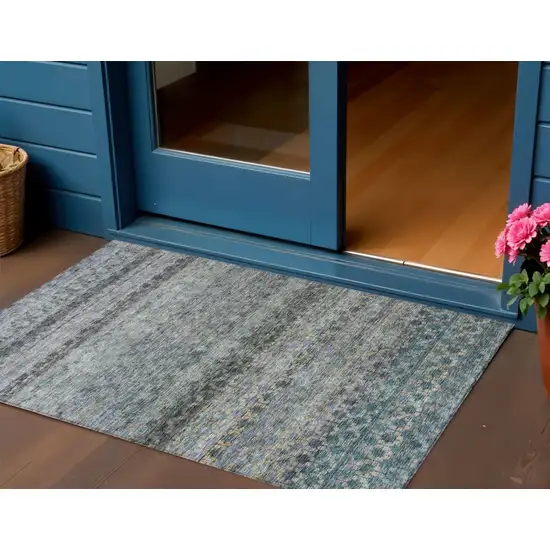 Teal Blue Light Blue And Gray Striped Washable Indoor Outdoor Area Rug Photo 1