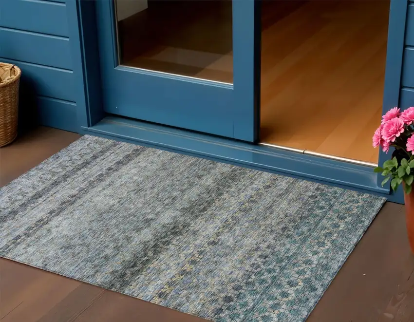 Teal Blue Light Blue And Gray Striped Washable Indoor Outdoor Area Rug Photo 1