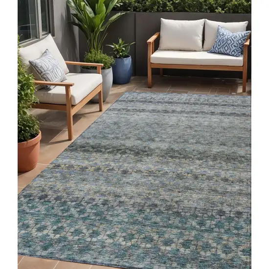 Teal Blue Light Blue And Gray Striped Washable Indoor Outdoor Area Rug Photo 1