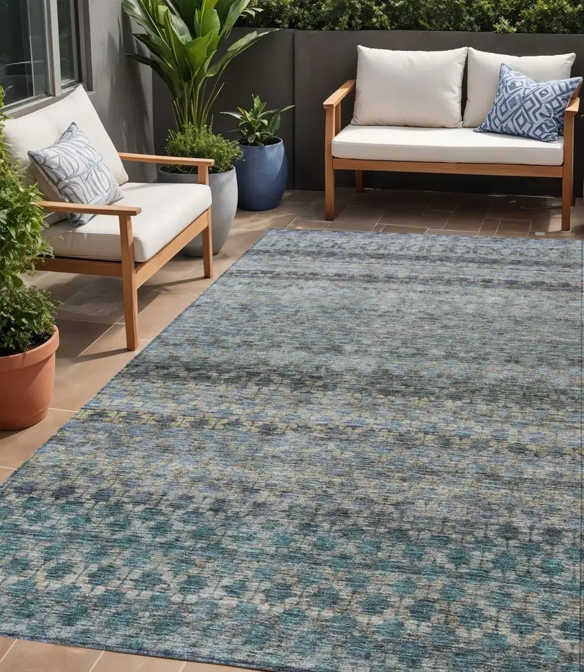 Teal Blue Light Blue And Gray Striped Washable Indoor Outdoor Area Rug Photo 1