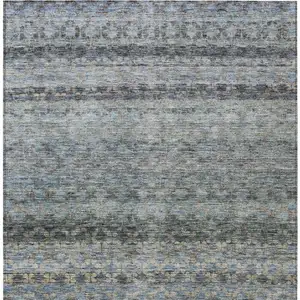 Photo of Teal Blue Light Blue And Gray Striped Washable Indoor Outdoor Area Rug