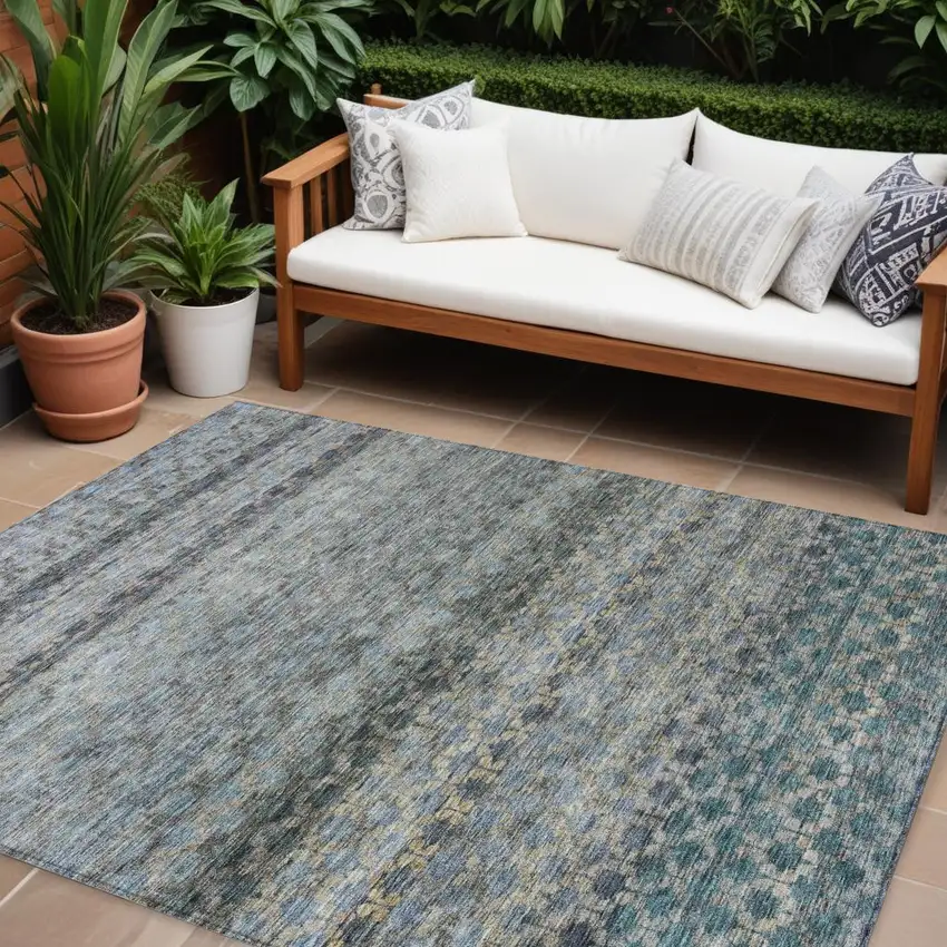 Teal Blue Light Blue And Gray Striped Washable Indoor Outdoor Area Rug Photo 1