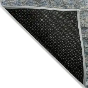 Photo of Teal Blue Light Blue And Gray Striped Washable Indoor Outdoor Area Rug
