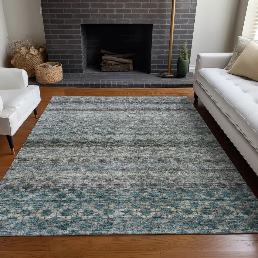 Teal Blue Light Blue And Gray Striped Washable Indoor Outdoor Area Rug Photo 9