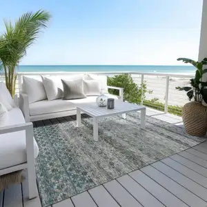 Photo of Teal Blue Light Blue And Gray Striped Washable Indoor Outdoor Area Rug