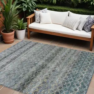 Photo of Teal Blue Light Blue And Gray Striped Washable Indoor Outdoor Area Rug