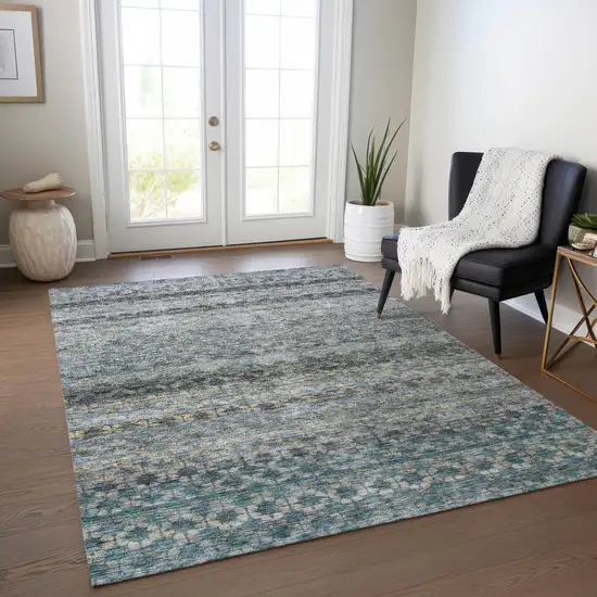 Teal Blue Light Blue And Gray Striped Washable Indoor Outdoor Area Rug Photo 9