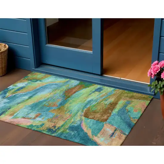 Teal Blue Lime Green And Blush Abstract Washable Indoor Outdoor Area Rug Photo 2