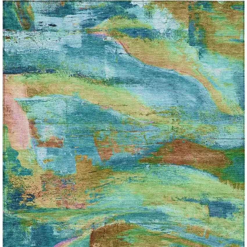 Teal Blue Lime Green And Blush Abstract Washable Indoor Outdoor Area Rug Photo 8