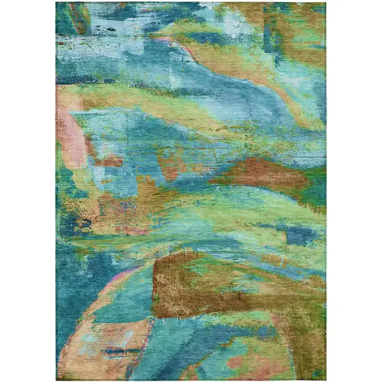Teal Blue Lime Green And Blush Abstract Washable Indoor Outdoor Area Rug Photo 9