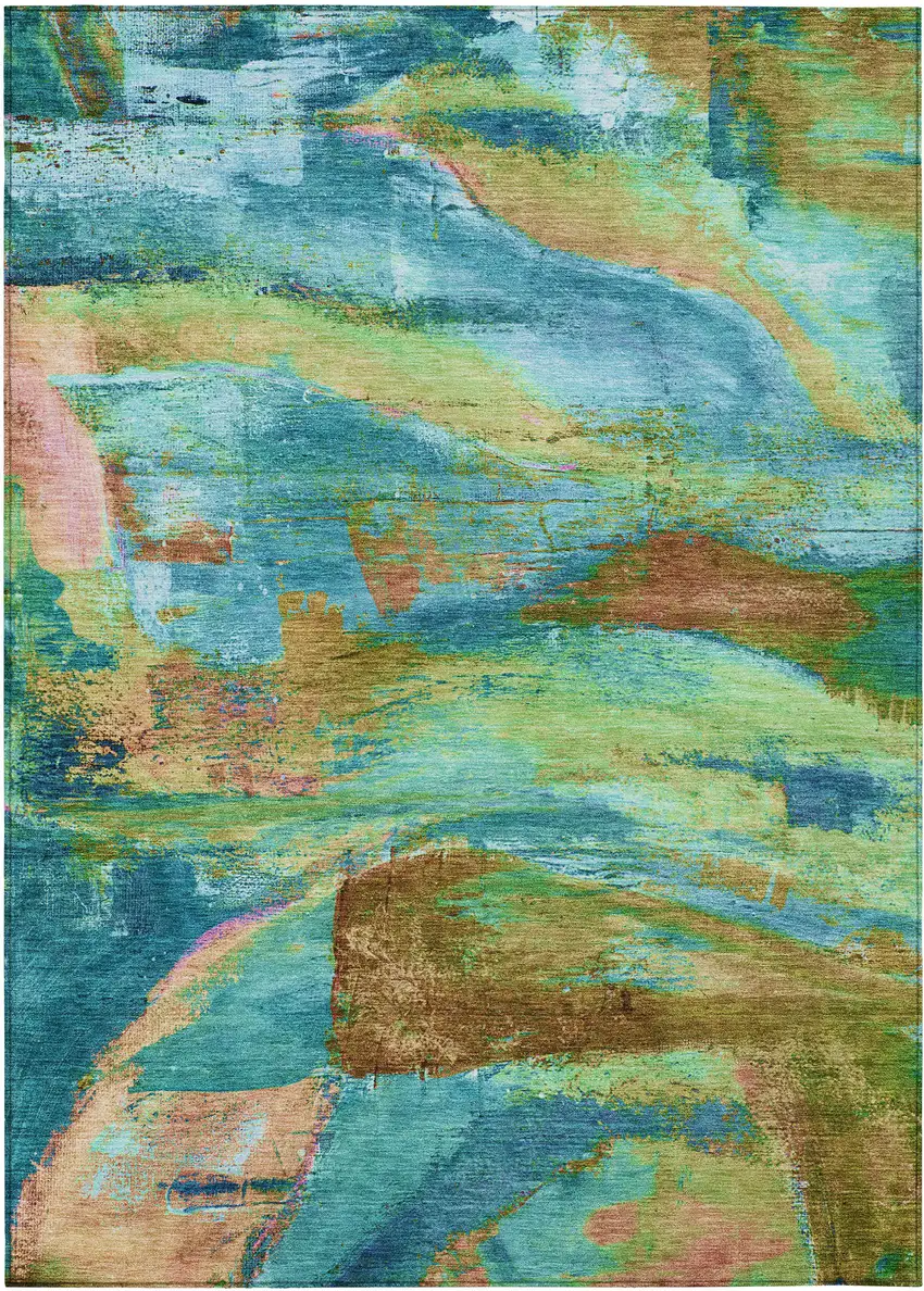 Teal Blue Lime Green And Blush Abstract Washable Indoor Outdoor Area Rug Photo 9