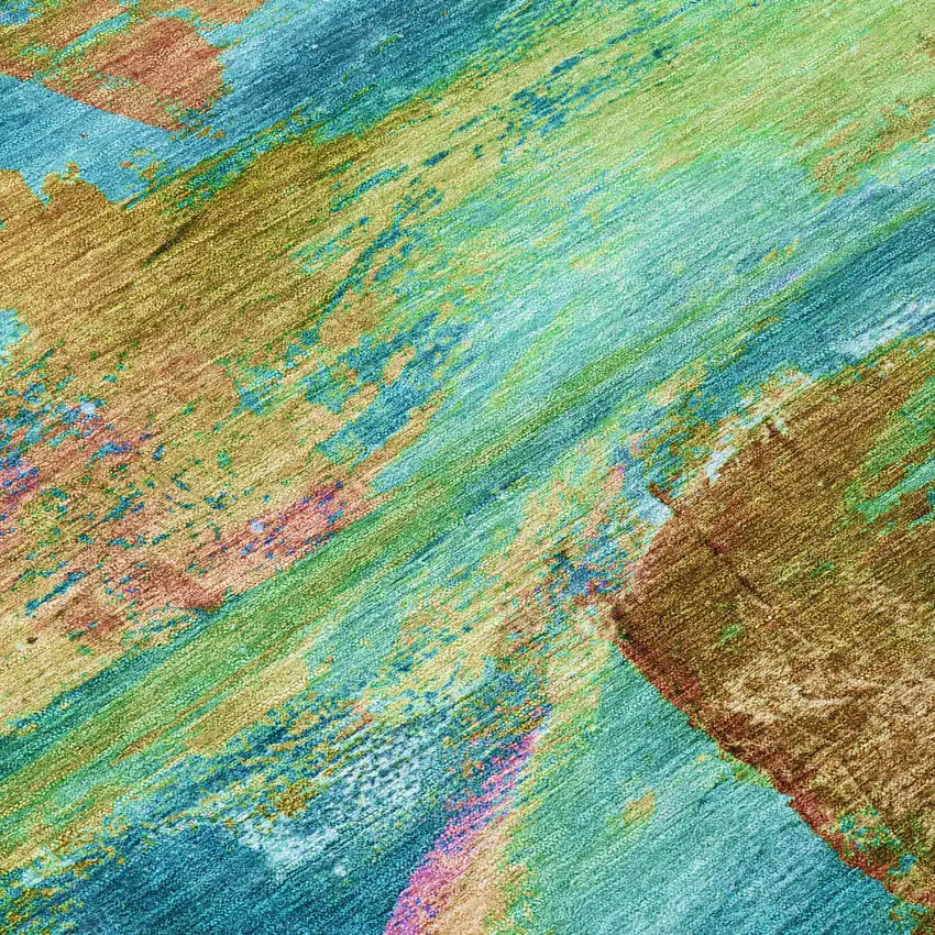 Teal Blue Lime Green And Blush Abstract Washable Indoor Outdoor Area Rug Photo 1