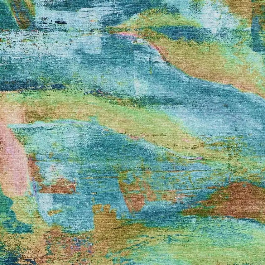 Teal Blue Lime Green And Blush Abstract Washable Indoor Outdoor Area Rug Photo 7