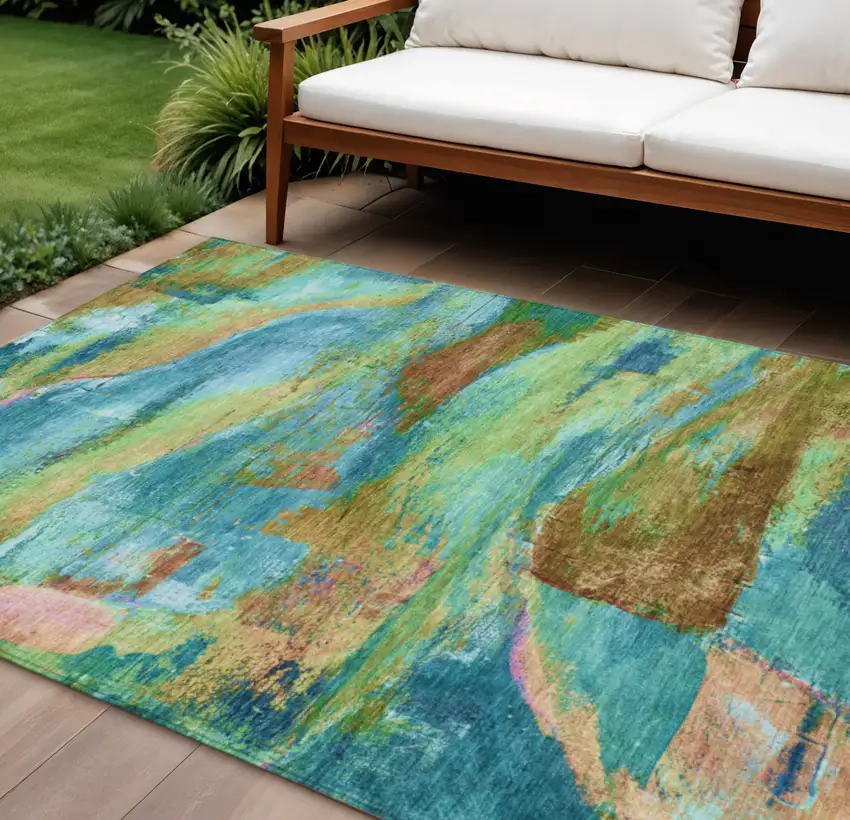 Teal Blue Lime Green And Blush Abstract Washable Indoor Outdoor Area Rug Photo 2