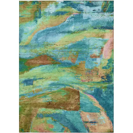 Teal Blue Lime Green And Blush Abstract Washable Indoor Outdoor Area Rug Photo 9