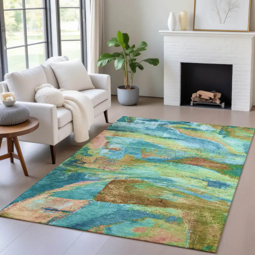 Teal Blue Lime Green And Blush Abstract Washable Indoor Outdoor Area Rug Photo 6