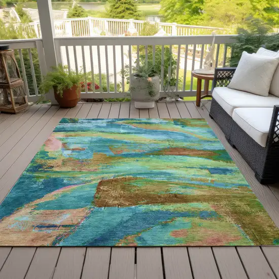 Teal Blue Lime Green And Blush Abstract Washable Indoor Outdoor Area Rug Photo 8
