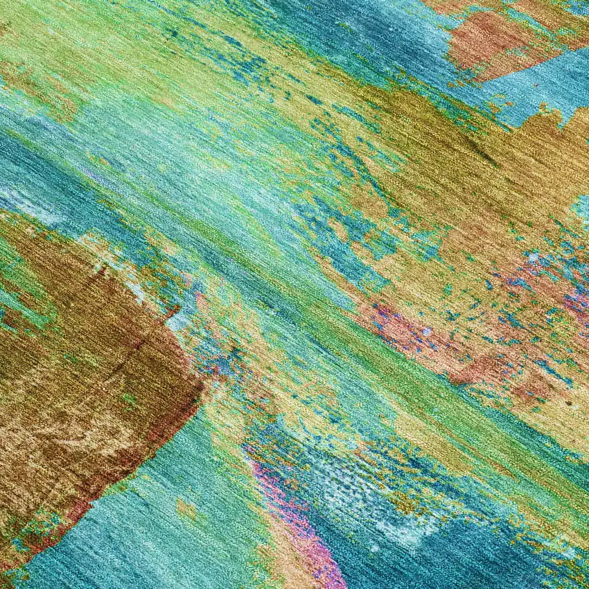 Teal Blue Lime Green And Blush Abstract Washable Indoor Outdoor Area Rug Photo 4