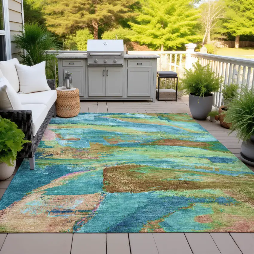 Teal Blue Lime Green And Blush Abstract Washable Indoor Outdoor Area Rug Photo 4