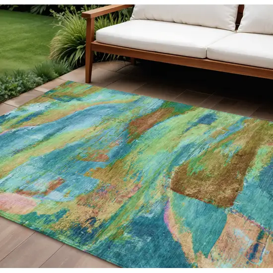 Teal Blue Lime Green And Blush Abstract Washable Indoor Outdoor Area Rug Photo 2