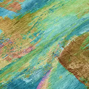 Photo of Teal Blue Lime Green And Blush Abstract Washable Indoor Outdoor Area Rug