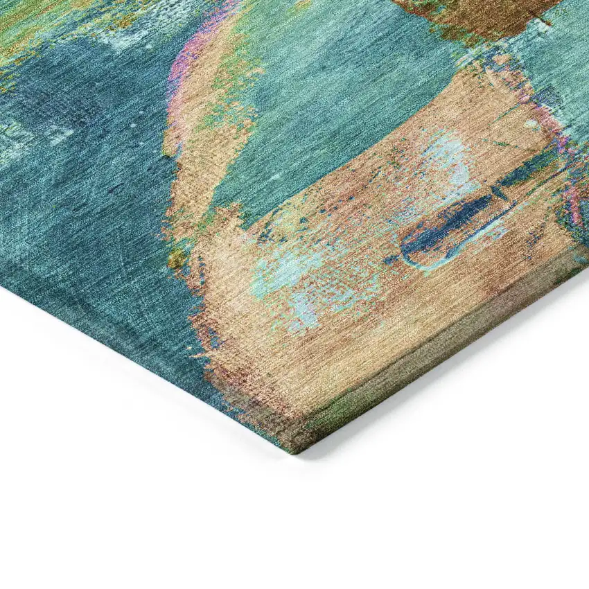 Teal Blue Lime Green And Blush Abstract Washable Indoor Outdoor Area Rug Photo 9