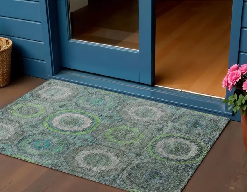 Teal Blue Lime Green And Charcoal Geometric Washable Indoor Outdoor Area Rug Photo 2