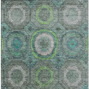 Photo of Teal Blue Lime Green And Charcoal Geometric Washable Indoor Outdoor Area Rug