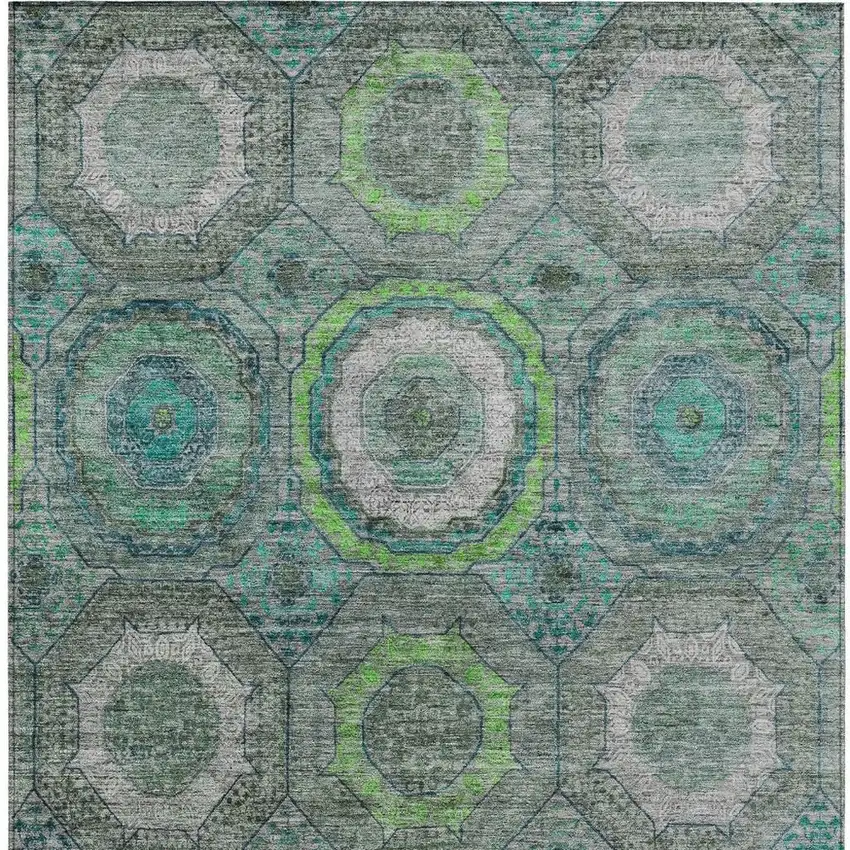 Teal Blue Lime Green And Charcoal Geometric Washable Indoor Outdoor Area Rug Photo 9