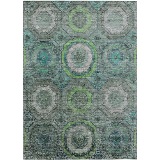 Teal Blue Lime Green And Charcoal Geometric Washable Indoor Outdoor Area Rug Photo 1