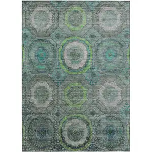 Photo of Teal Blue Lime Green And Charcoal Geometric Washable Indoor Outdoor Area Rug