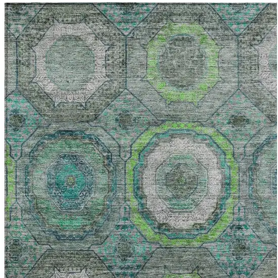 Teal Blue Lime Green And Charcoal Geometric Washable Indoor Outdoor Area Rug Photo 9