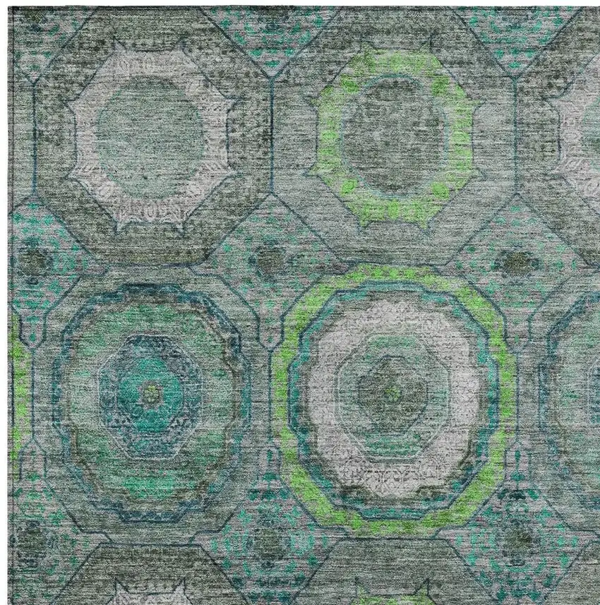 Teal Blue Lime Green And Charcoal Geometric Washable Indoor Outdoor Area Rug Photo 9