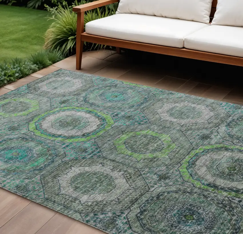 Teal Blue Lime Green And Charcoal Geometric Washable Indoor Outdoor Area Rug Photo 2