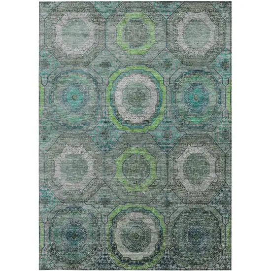 Teal Blue Lime Green And Charcoal Geometric Washable Indoor Outdoor Area Rug Photo 3