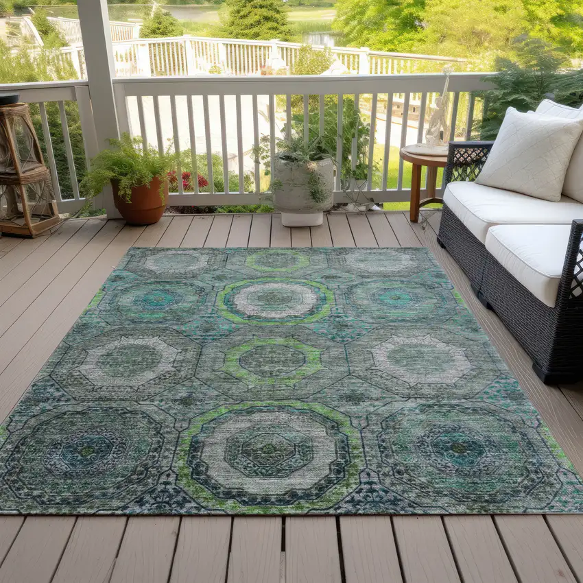 Teal Blue Lime Green And Charcoal Geometric Washable Indoor Outdoor Area Rug Photo 8