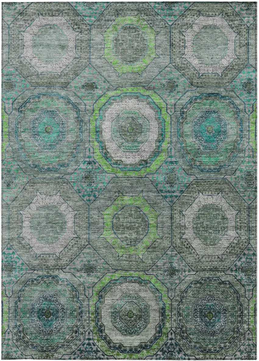 Teal Blue Lime Green And Charcoal Geometric Washable Indoor Outdoor Area Rug Photo 4