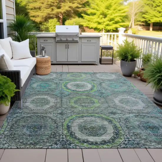 Teal Blue Lime Green And Charcoal Geometric Washable Indoor Outdoor Area Rug Photo 5