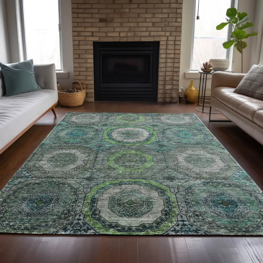 Teal Blue Lime Green And Charcoal Geometric Washable Indoor Outdoor Area Rug Photo 7