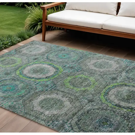 Teal Blue Lime Green And Charcoal Geometric Washable Indoor Outdoor Area Rug Photo 2