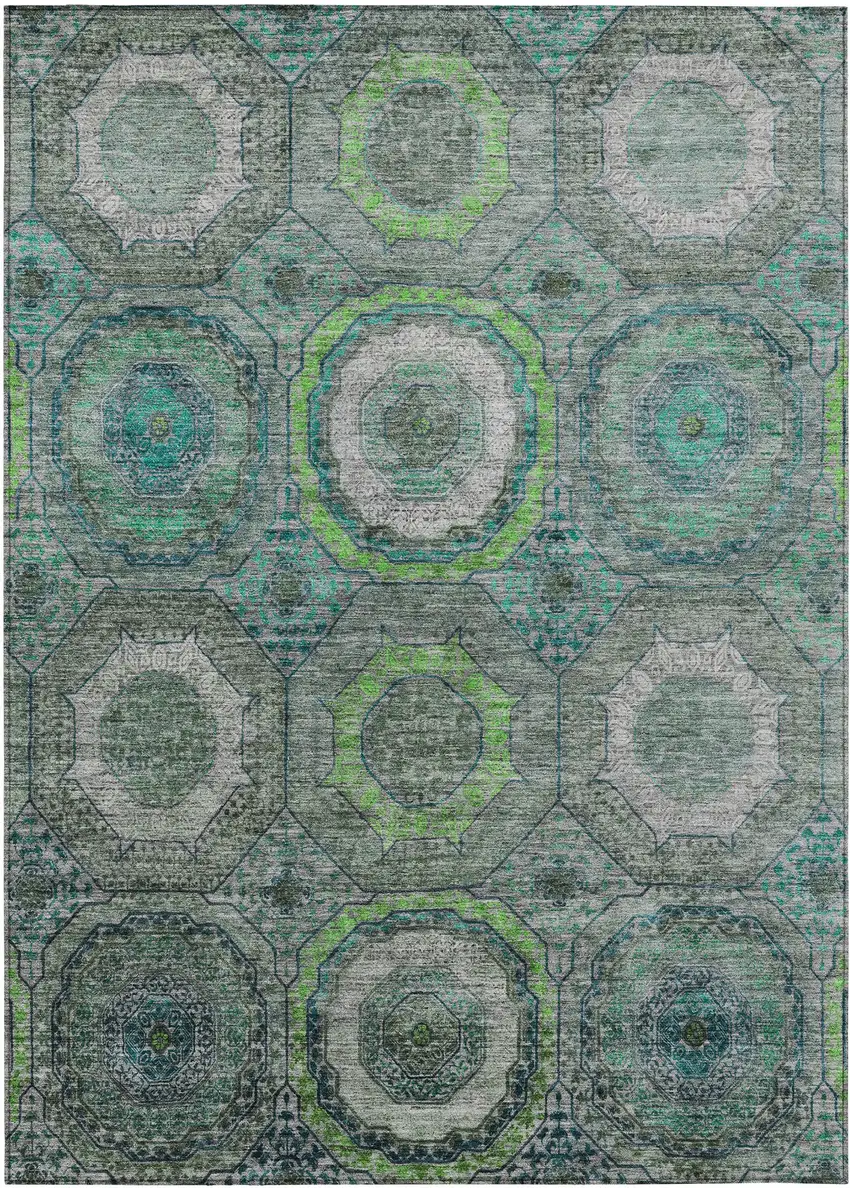 Teal Blue Lime Green And Charcoal Geometric Washable Indoor Outdoor Area Rug Photo 1