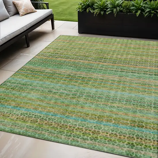 Teal Blue Lime Green And Coral Striped Washable Indoor Outdoor Area Rug Photo 2
