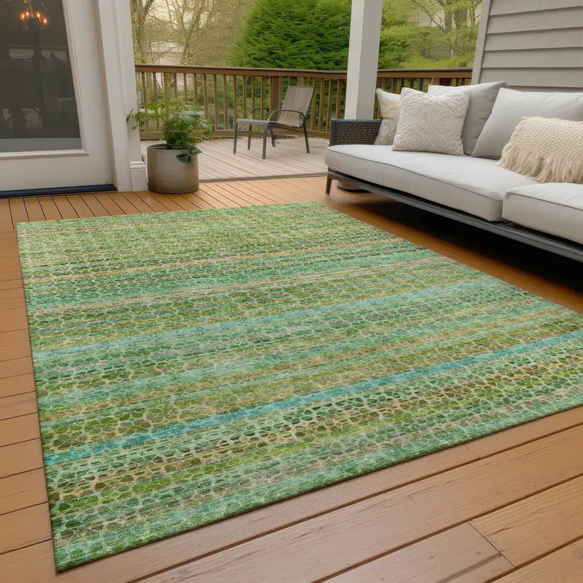 Teal Blue Lime Green And Coral Striped Washable Indoor Outdoor Area Rug Photo 6