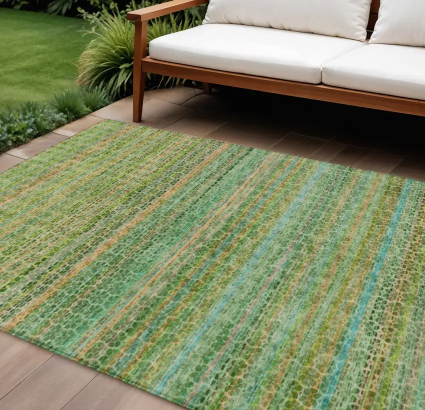 Teal Blue Lime Green And Coral Striped Washable Indoor Outdoor Area Rug Photo 2